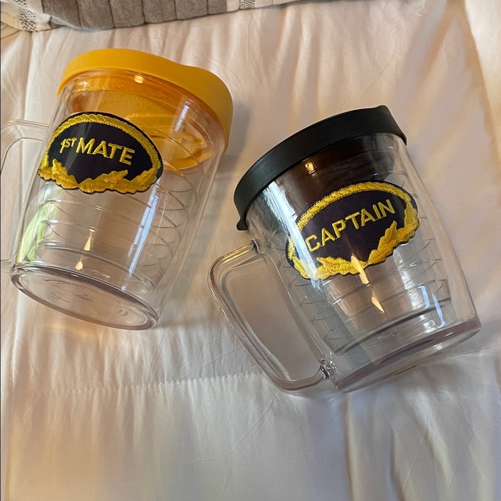 SET OF TWO a Captain one and the other First Mate Clear TERVIS Mugs with lids